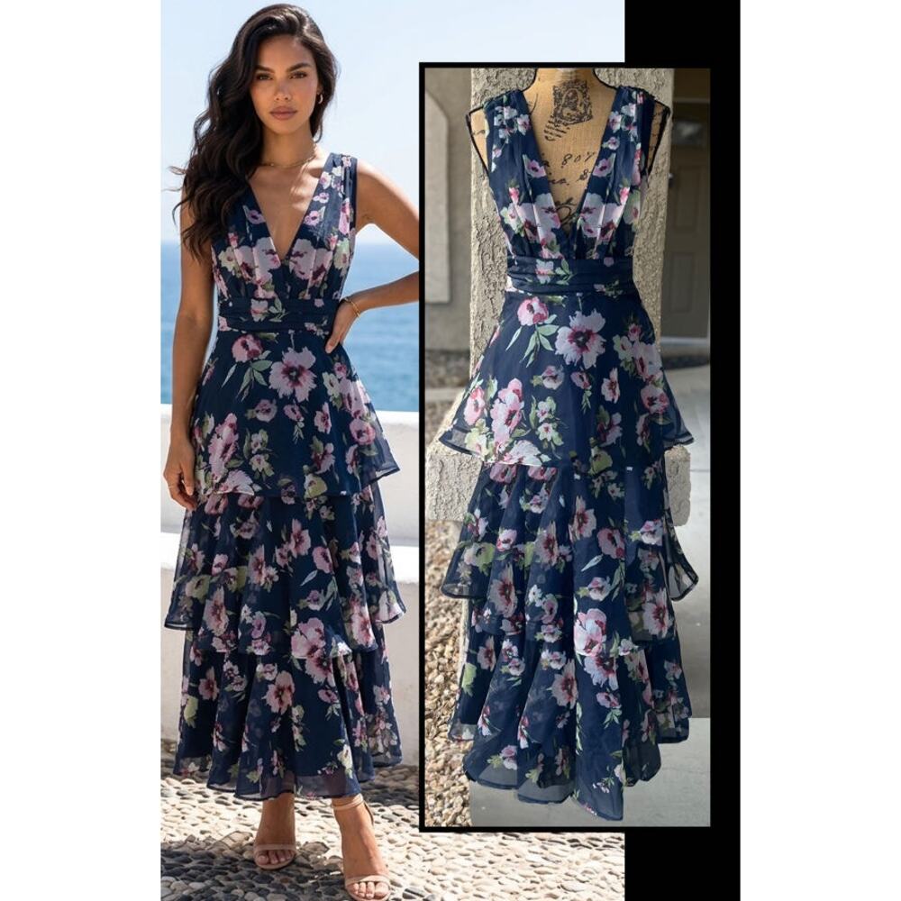 Lulus Molinetto Navy Blue Floral Organza Ruffled Tiered Maxi Dress Size M